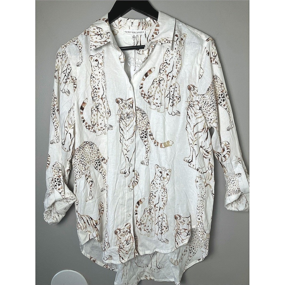 NWT Jane + Delancey Linen Blend Safari Animal Print Button Down Medium Shirt